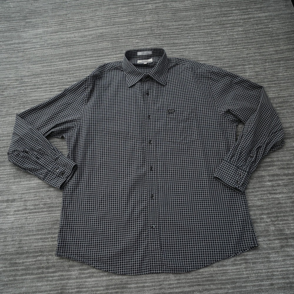 Faconnable Shirt Men Button‎ Up Black Gray White Checkered Cotton Pocket XL